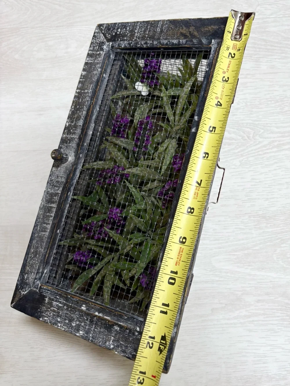 Distressed Gray Wooden Wall Planter with Faux Purple Lavender